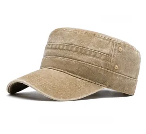 Detail of khaki washed cotton military cap with side metal buttons and vintage texture