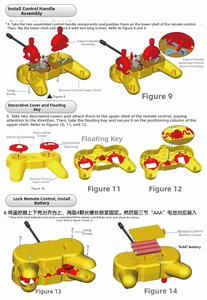 Assembly guide for submarine remote control showing battery installation and part fixings