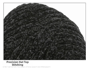 Detail of the high-quality stitching and thick chenille fabric on the top of the black knit beanie