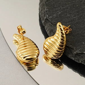 French design 18K gold plated titanium steel water drop earrings with textured rib pattern