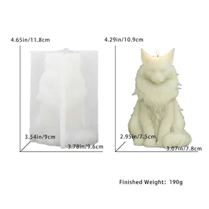 3D cat silicone mold for candles showing mold dimensions and finished product weight