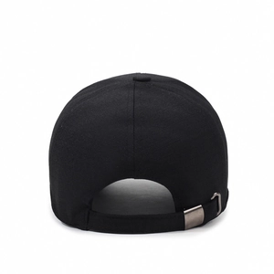 Rear view of classic black cotton baseball cap with adjustable dark grey metal buckle