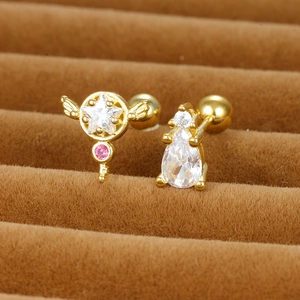 Creative Copper Rhinestone Star Wings Helix Stud Earrings For Women Gold Electroplated Geometric Cartilage Piercing Jewelry