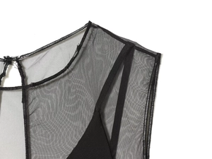 Detail of sheer black mesh fabric with neck button closure and delicate stitching