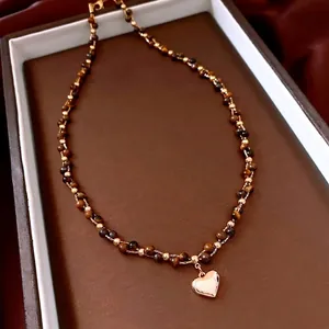 Heart Pendant Tiger Eye Stone Beaded Necklace 18k Gold Plated Copper Vintage Maillard Style Jewelry For Women