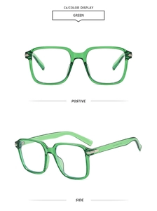 Detail view of square green sunglasses showing front frame and side temple specifications
