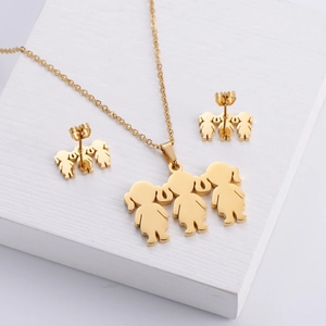 Golden titanium steel jewelry set featuring three girls silhouette pendant and earrings