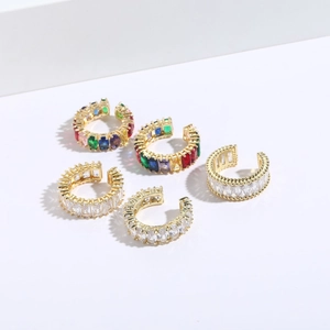 Detailed view of 5-piece gold-plated ear cuff set with colorful cubic zirconia stones