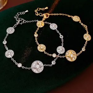 Luxury Copper Zircon Starburst Circle Charm Bracelet 18K Gold Plated French Vintage Style Fashion Jewelry For Women