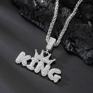 Silver hip hop King crown pendant necklace with iced out crystals and twist chain