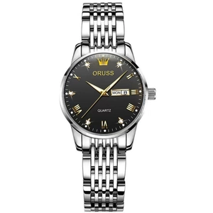 Business quartz watch for women with black dial, silver strap, date and weekday display