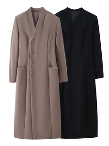 Flat lay of long wool coats with single-breasted buttons and side pockets in camel and black