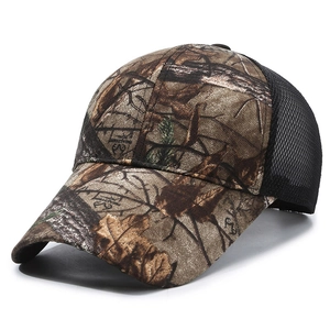 Unisex camouflage mesh trucker hat with autumn forest leaf pattern and curved brim