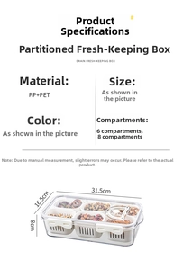 Detailed dimension layout for 6-grid transparent plastic fresh-keeping box with drain holes