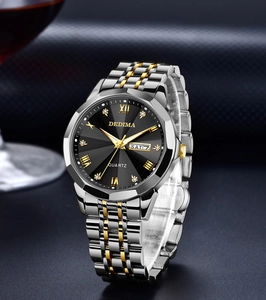 Macro detail of luxury men's steel watch with black dial and date-day display
