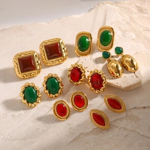 Französischer Vintage Edelstahl Achat Ohrstecker Für Damen Vergoldet Rot Grün Geometrisch Quadratisch Oval Luxus Ohrschmuck Zubehör