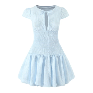 Light blue plaid mini dress with smocked waist and tie-front ribbon detail