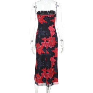 Detail view of the floral print and back slim fit design of the strapless maxi dress