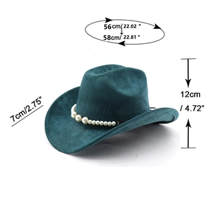 Deep green faux suede cowboy hat showing 7cm brim, 12cm height, and pearl trim detail