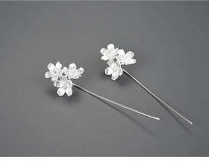 Macro view of S925 silver flower cluster long drop earrings with brushed finish