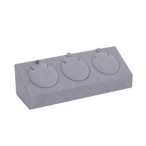 Three-slot gray microfiber jewelry display stand for necklaces and pendants