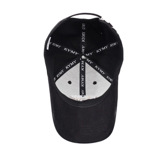 Internal view of black cotton baseball cap with KYMY branded reinforcement tape