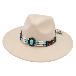 Beige wide-brim western fedora hat with turquoise bead band for ethnic style performance