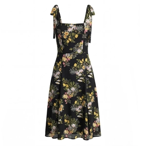 Schwarzes Blumenkleid mit Zitronenprint, Karree-Ausschnitt und Seitenschlitz-Trägern