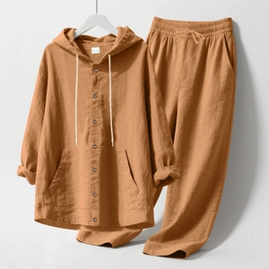Detailed view of camel linen blend fabric texture on men's hooded shirt and drawstring pants