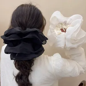 Oversized French pleated mesh scrunchies in black and beige for high ponytail hairstyles