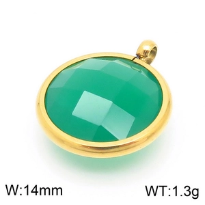 Detail of a 14mm green faceted birthstone pendant with gold plating and technical specs