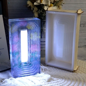 DIY trapezoid night light silicone mold set with LED resin lamp and wooden frame stand