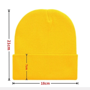 Bright yellow knit beanie with 21cm height and 18cm width measurement specifications