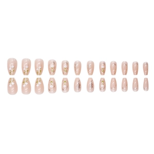 Glossy blush pink press-on nails with white floral patterns and silver glitter accents