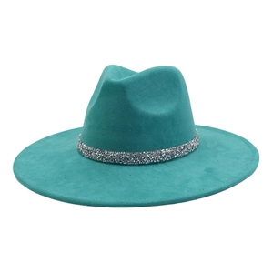 Detail of teal suede fedora hat with sparkling silver sequin band decoration
