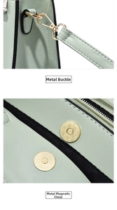 Close-up of golden metal clasp and magnetic snap button on mint green leather bag