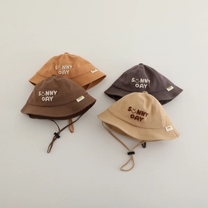 Kids Bucket Hat Cotton Blend Sun Protection Breathable Sunny Day Embroidery Smiley Face Adjustable Windproof Rope Toddler