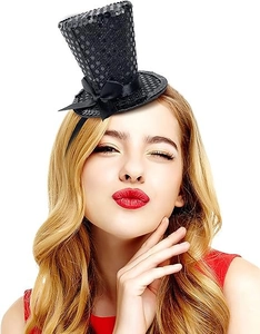 Detail of black sequined mini witch hat headband with ribbon bow for Halloween parties