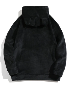 Rear view of black hooded sweatshirt with animal ears in soft coral fleece fabric