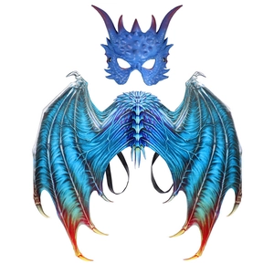 Blue dragon mask and wings set for Halloween party costume with realistic scale texture