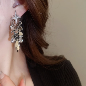 Vue détaillée des boucles d'oreilles étoile en argent avec franges en zircone