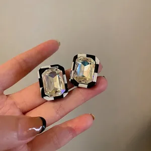 Geometric Rectangular Crystal Stud Earrings With 925 Sterling Silver Earring Post Fashion Checkerboard Pattern For Women