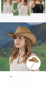 Detail of hand-woven straw cowboy hat with curved brim and breathable hollow patterns