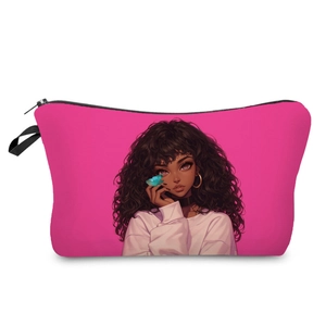 Pink fabric makeup bag with a black girl and butterfly illustration on white background