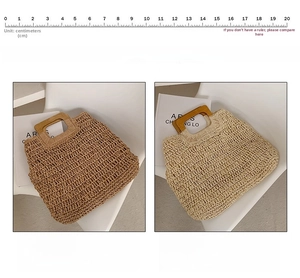 Macro detail of khaki and beige straw woven tote bag with smooth rectangular wooden handles