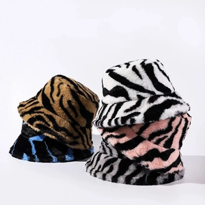 Zebra Tiger Pattern Acrylic Faux Fur Bucket Hat Winter Warm Thickened Retro Plush Fisherman Cap Outdoor Unisex Hat
