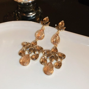 Detailed close-up of champagne zircon tassel earrings with drop-cut crystals on a white plate