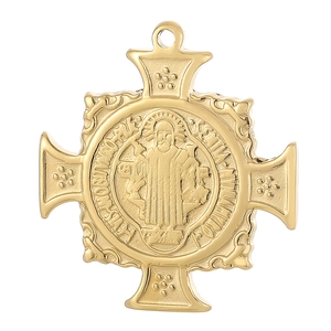 Golden Saint Benedict cross pendant with detailed Latin inscriptions and portrait on white background