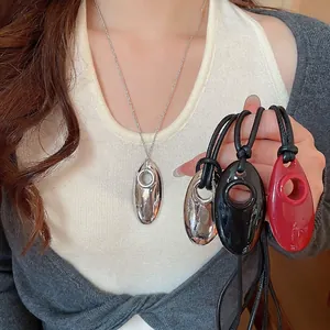 Minimalist Oval Hollow Pendant Necklace Alloy Leather Cord Sweater Chain Fashion Geometric Jewelry For Women