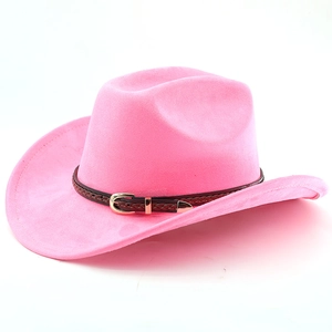 Close-up of pink suede cowboy hat featuring brown braided band and gold metal buckle detail